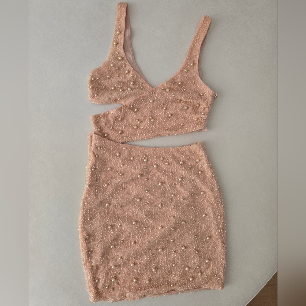 Oh Polly Pink Pearl-Embellished cut-out Mini Dress